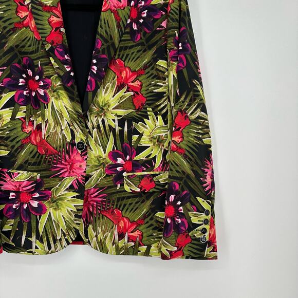 Chicos Jacket Womens Large 2 Black Floral Blazer Tropical Button Green Colorful - Picture 4 of 9
